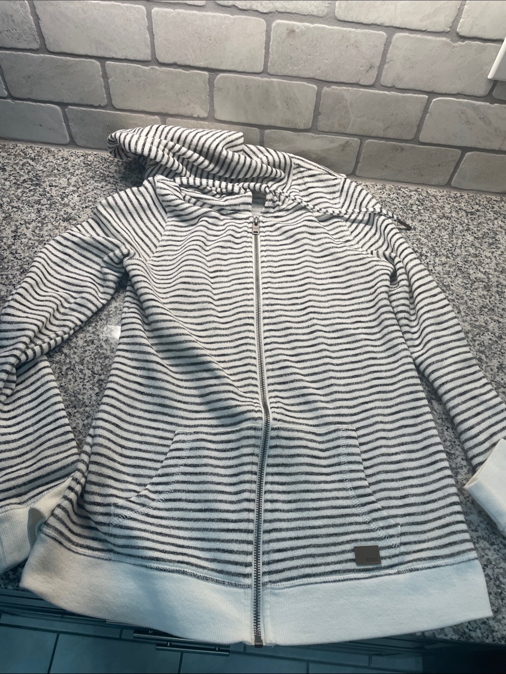 Roxy White and Gray Striped Knit Pullover with Logo Patch